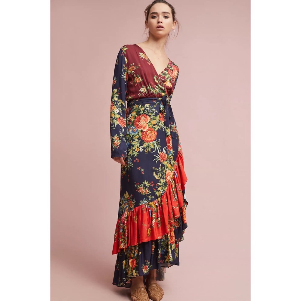 Anthropologie Floral Wrap Maxi Dress in Navy and Red